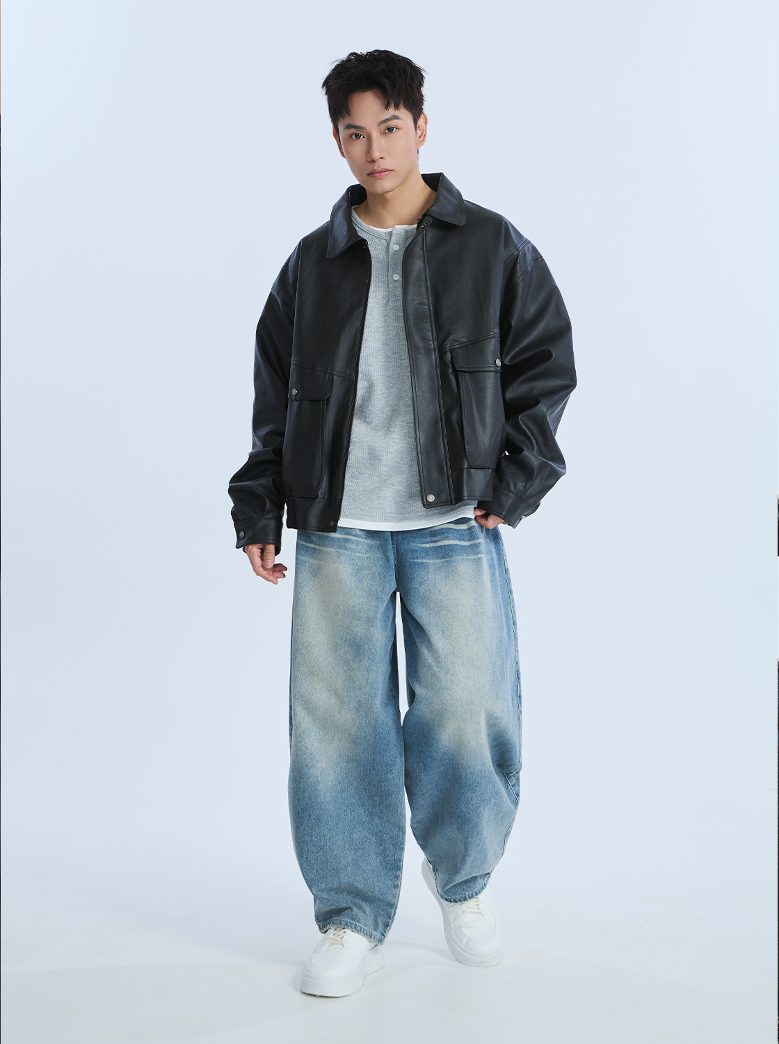 復古感口袋造型皮外套