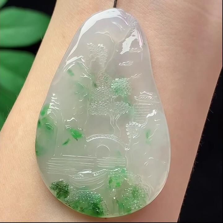 翡翠冰種飄綠山水牌,天然翡翠A玉, 緬甸玉, Jade, Jadeite