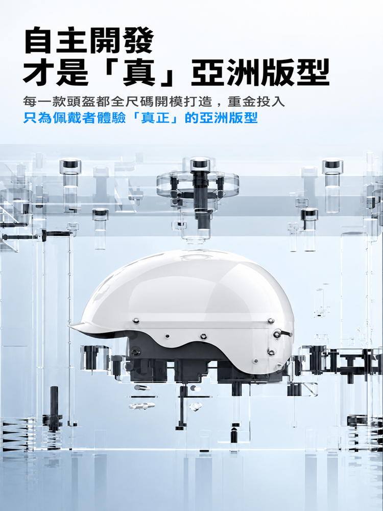 REV 滑雪頭盔自主開發亞洲版型宣傳圖，展示白色頭盔於精密透明模具中的剖面與開模結構。