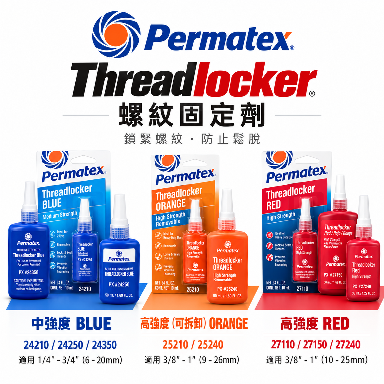 Permatex 太陽牌｜螺紋固定劑 螺絲防鬆膠 螺絲固定膠｜中強度藍｜高強度可拆橘｜高強度紅｜10-36-50ml
