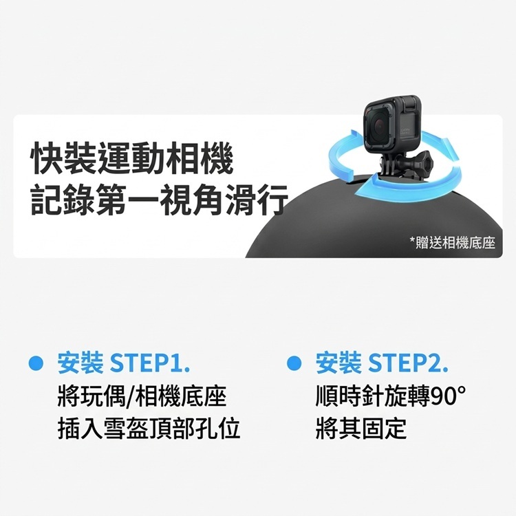 REV 滑雪頭盔 QIDS 配件搭載系統安裝教學圖，展示快裝運動相機以記錄第一視角滑行，並列出兩步驟安裝說明。