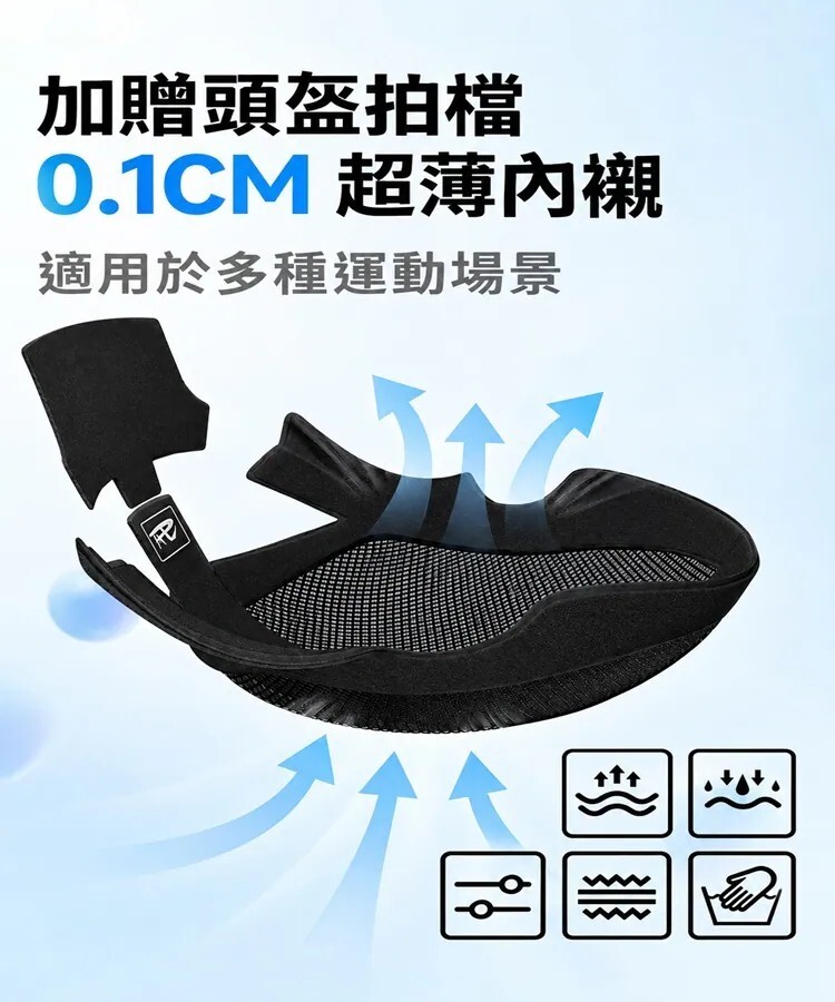 REV 滑雪頭盔加贈 0.1cm 超薄內襯與頭盔拍檔說明圖，強調適用於多種運動場景、透氣排汗與清洗便利性。
