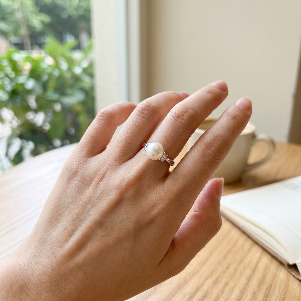 18K White Gold 0.10ct Diamond and Pearl Ring