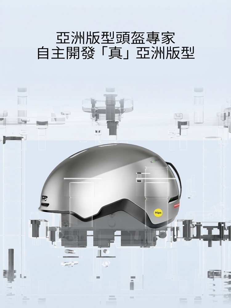 REV 亞洲版型頭盔專家設計理念圖,強調自主開發「真」亞洲版型,並以透視結構圖展現專為亞洲人頭型優化的內部空間與工藝設計。
