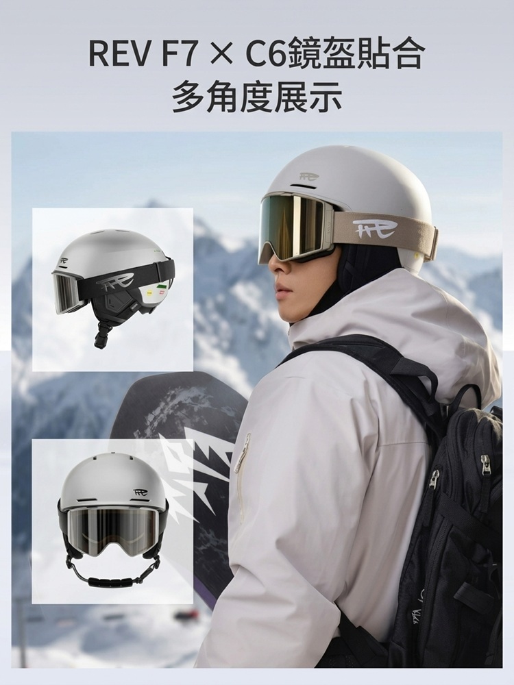 REV F7 與 C6 雪鏡貼合多角度展示圖,主畫面展示模特兒身穿淺灰色雪衣、背負後背包並配戴 REV F7 頭盔與 C6 雪鏡,左側則附有側視與正視的細節特寫。