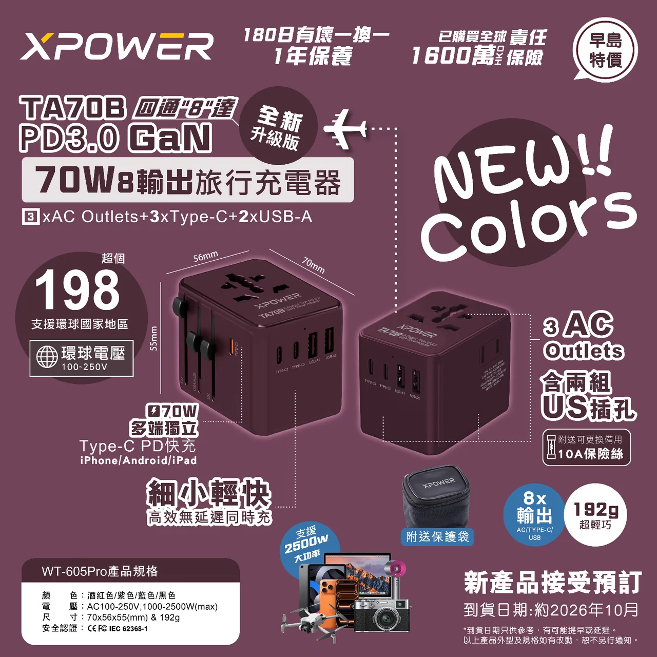 (早買限定優惠)(追加新色)XPower TA70B 8輸出 PD/PPS 70W Gan旅行充電器 (酒紅色)