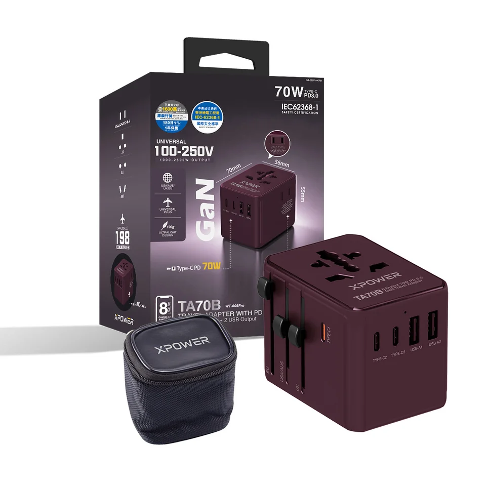 (追加新色)XPower TA70B 8輸出 PD/PPS 70W Gan旅行充電器 (酒紅色)