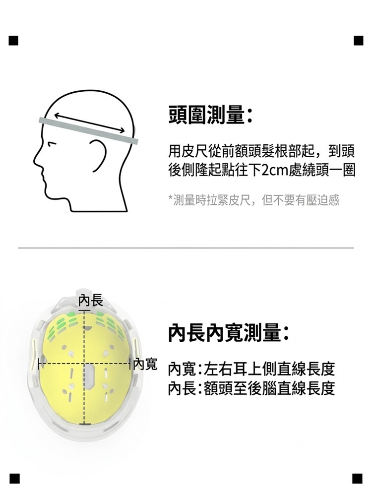 REV 滑雪頭盔尺寸測量指南圖,詳細圖解頭圍測量方式(自額頭頭髮根部起,至頭後側隆起點往下 2cm 處繞頭一圈)以及頭盔內長與內寬的測量定義。