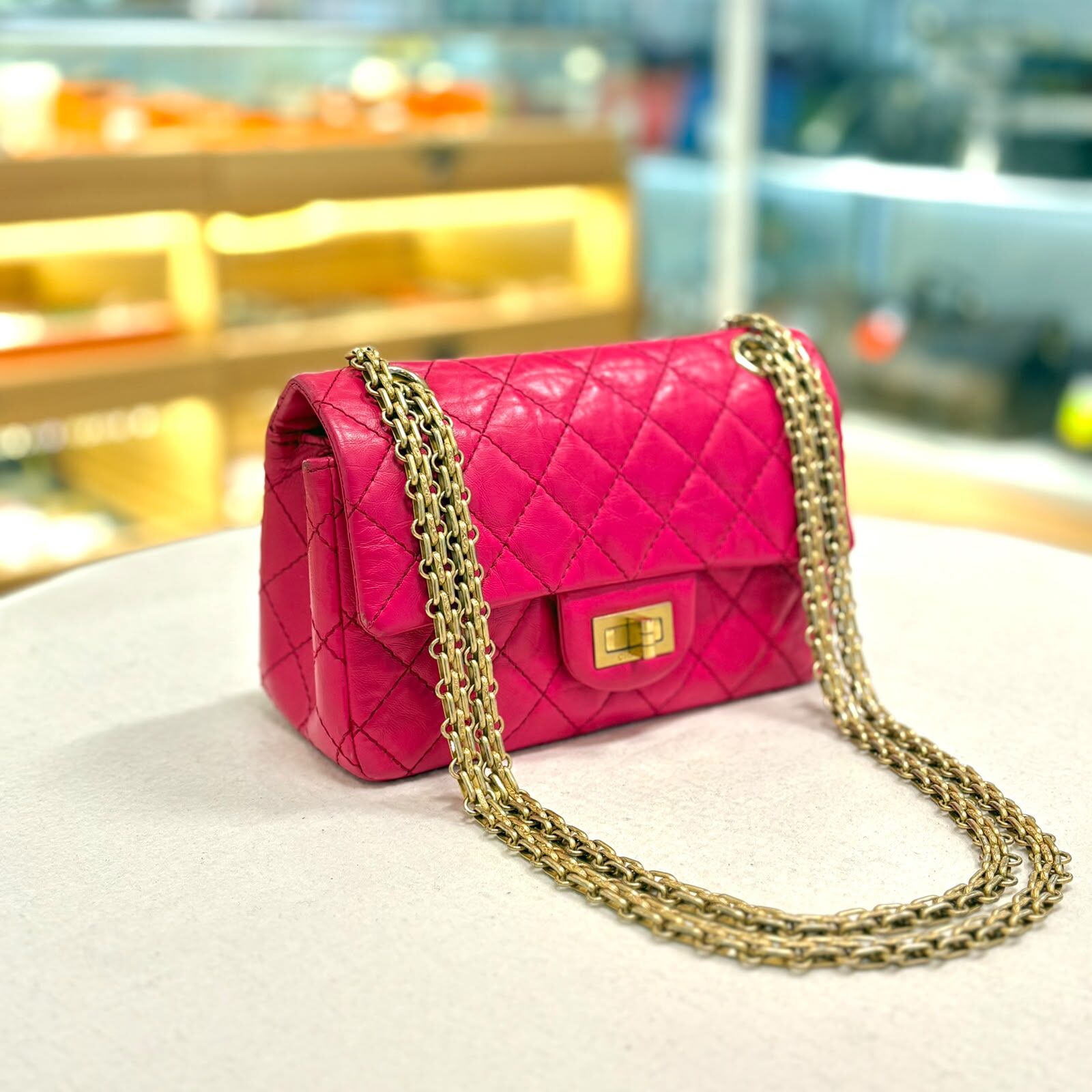 95%NEW USED CHANEL MINI, 2.55方扣, AS0874,桃粉紅色菱格, 皺摺小牛皮金扣, #香榭站正品