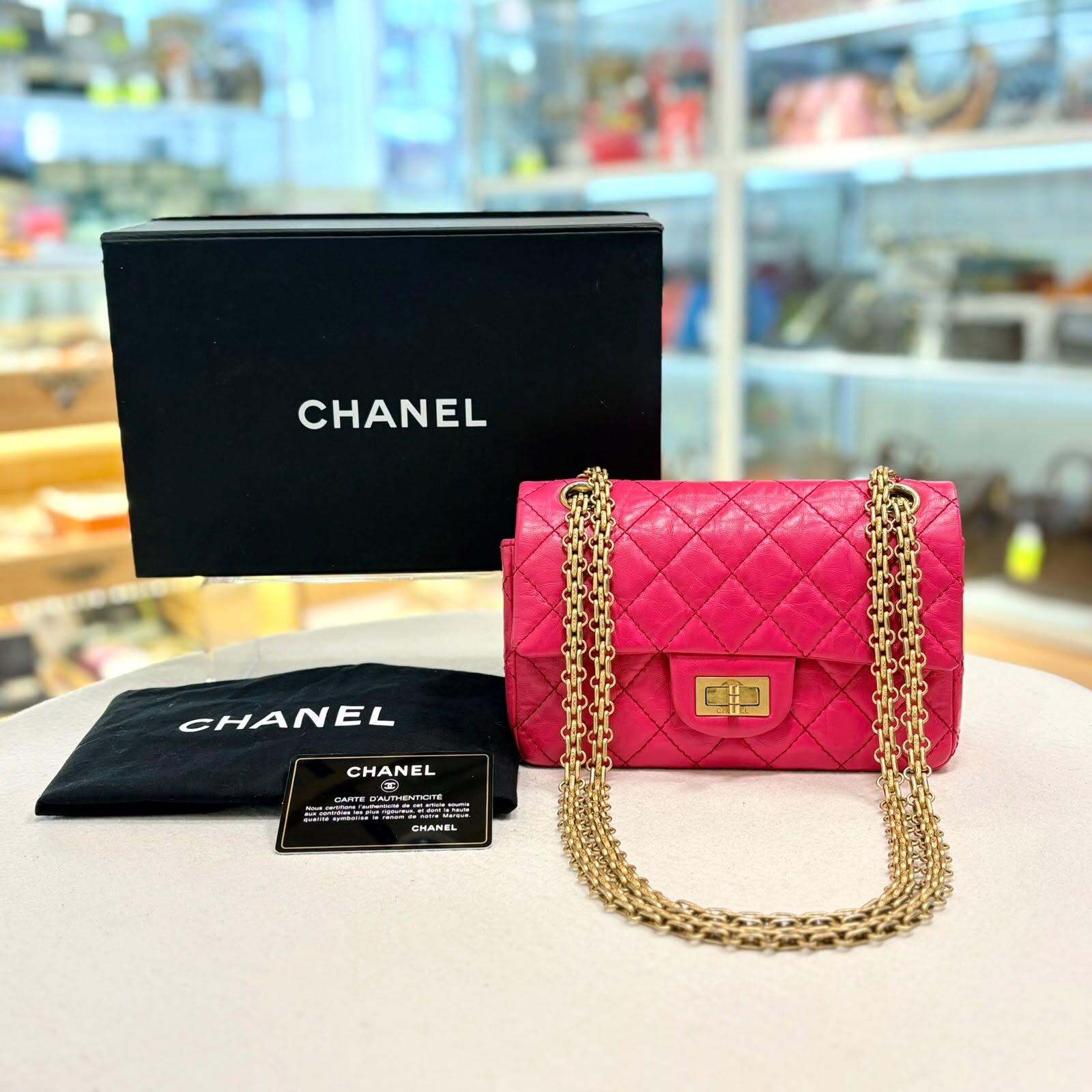 95%NEW USED CHANEL MINI, 2.55方扣, AS0874,桃粉紅色菱格, 皺摺小牛皮金扣, #香榭站正品