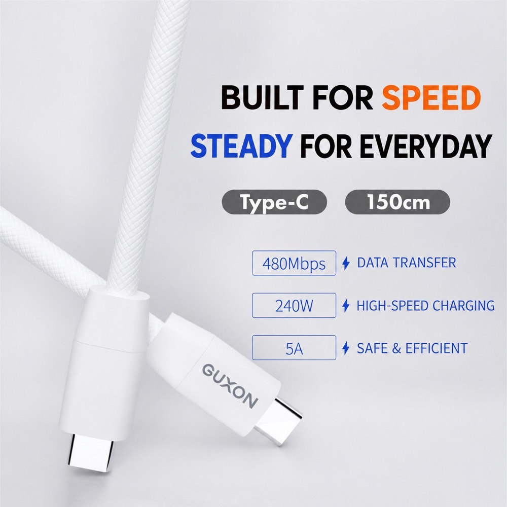 GUXON 240W Type-C cable features: 480Mbps data transfer, 240W high-speed charging, 5A safe and efficient, 150cm length