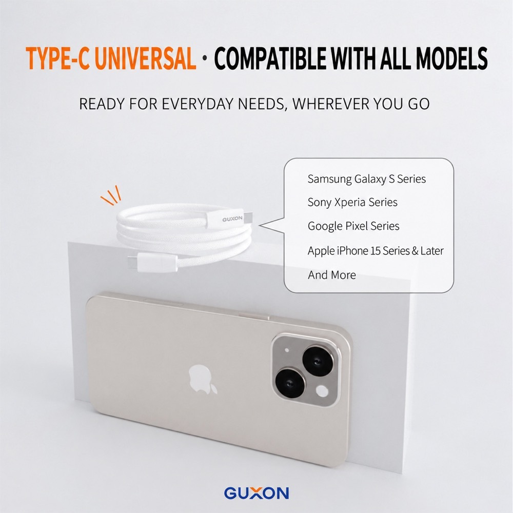 GUXON Type-C cable compatibility: Samsung Galaxy S, Sony Xperia, Google Pixel and Apple iPhone 15 series and later