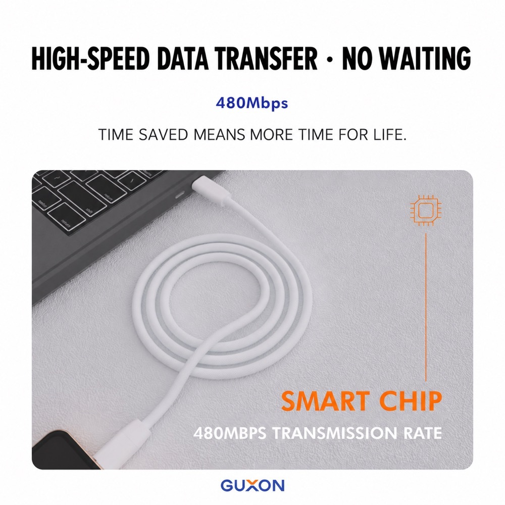 GUXON cable connected to a laptop, smart chip supporting 480Mbps data transfer