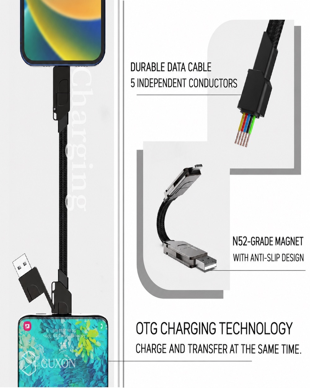 OTG charging technology: durable data cable with five independent conductors and N52-grade anti-slip magnet