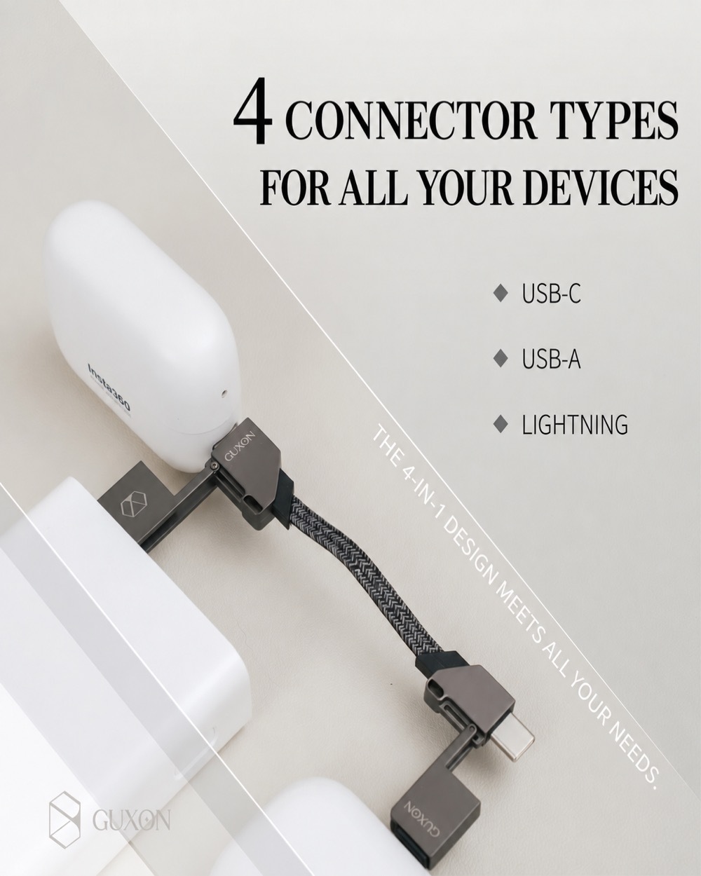 Four connector types in one cable: USB-C, USB-A and Lightning