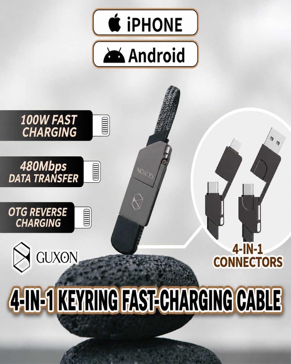 GUXON 4-in-1 keyring fast-charging cable with 100W fast charging, 480Mbps data transfer and OTG reverse charging, for iPhone and Android