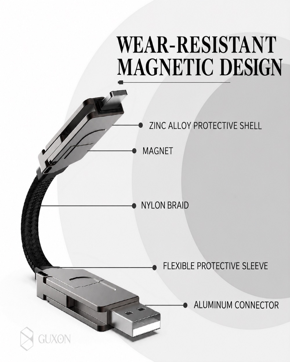 Wear-resistant magnetic design with zinc alloy shell, magnet, nylon braid, flexible sleeve and aluminum connector
