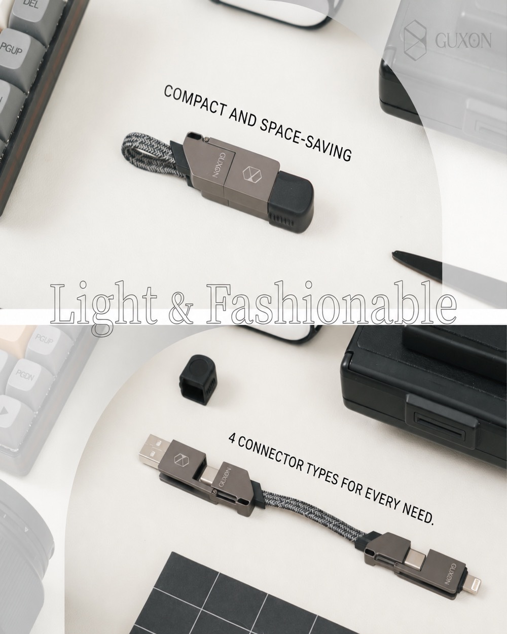 Compact keyring cable shown beside a keyboard, space-saving with four connector types