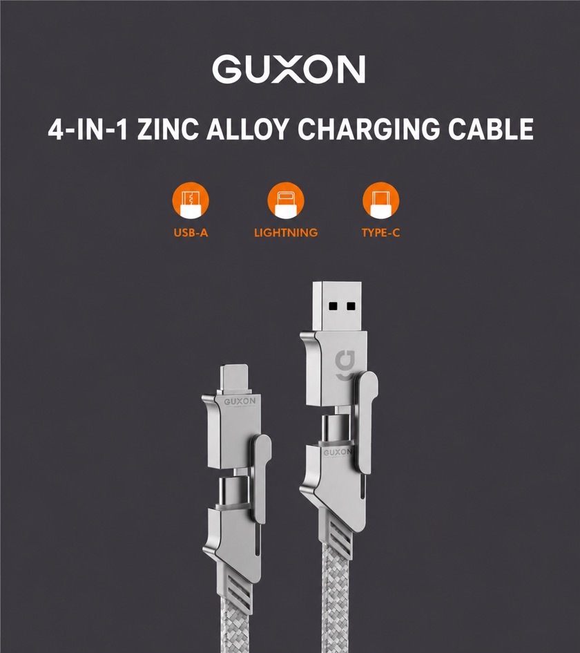 GUXON 4-in-1 zinc alloy charging cable with USB-A, Lightning and Type-C connectors