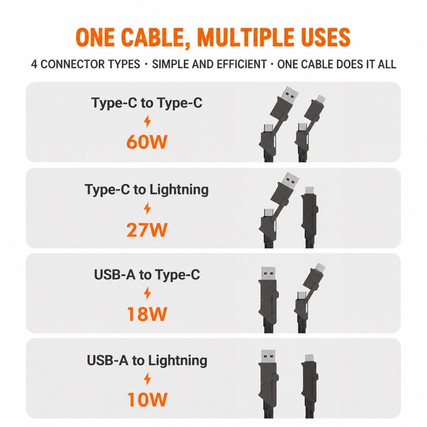 Charging specifications: Type-C to Type-C 60W, Type-C to Lightning 27W, USB-A to Type-C 18W, USB-A to Lightning 10W