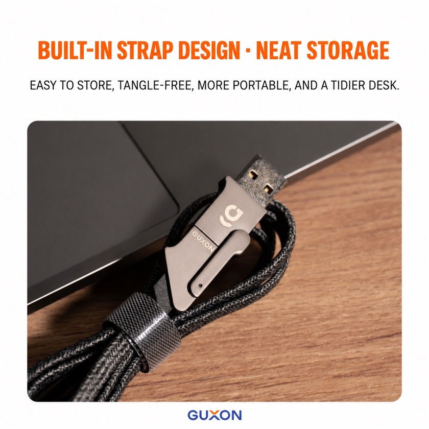 Built-in strap design for neat, tangle-free storage