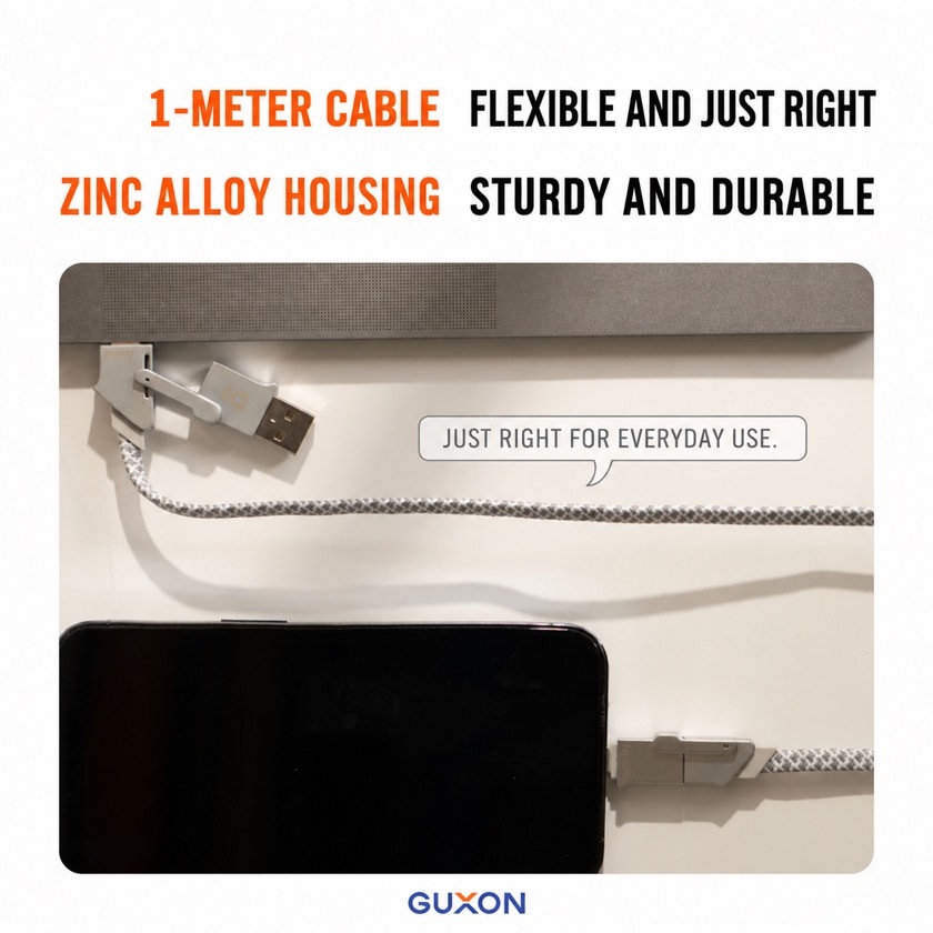 1-meter cable with zinc alloy housing, flexible and durable for everyday use