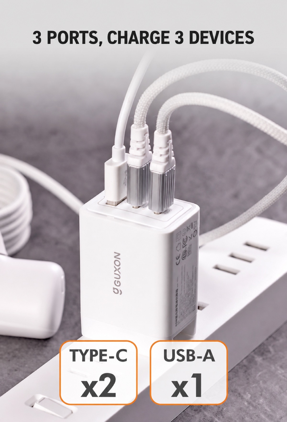 Three ports charge three devices at once: two Type-C and one USB-A
