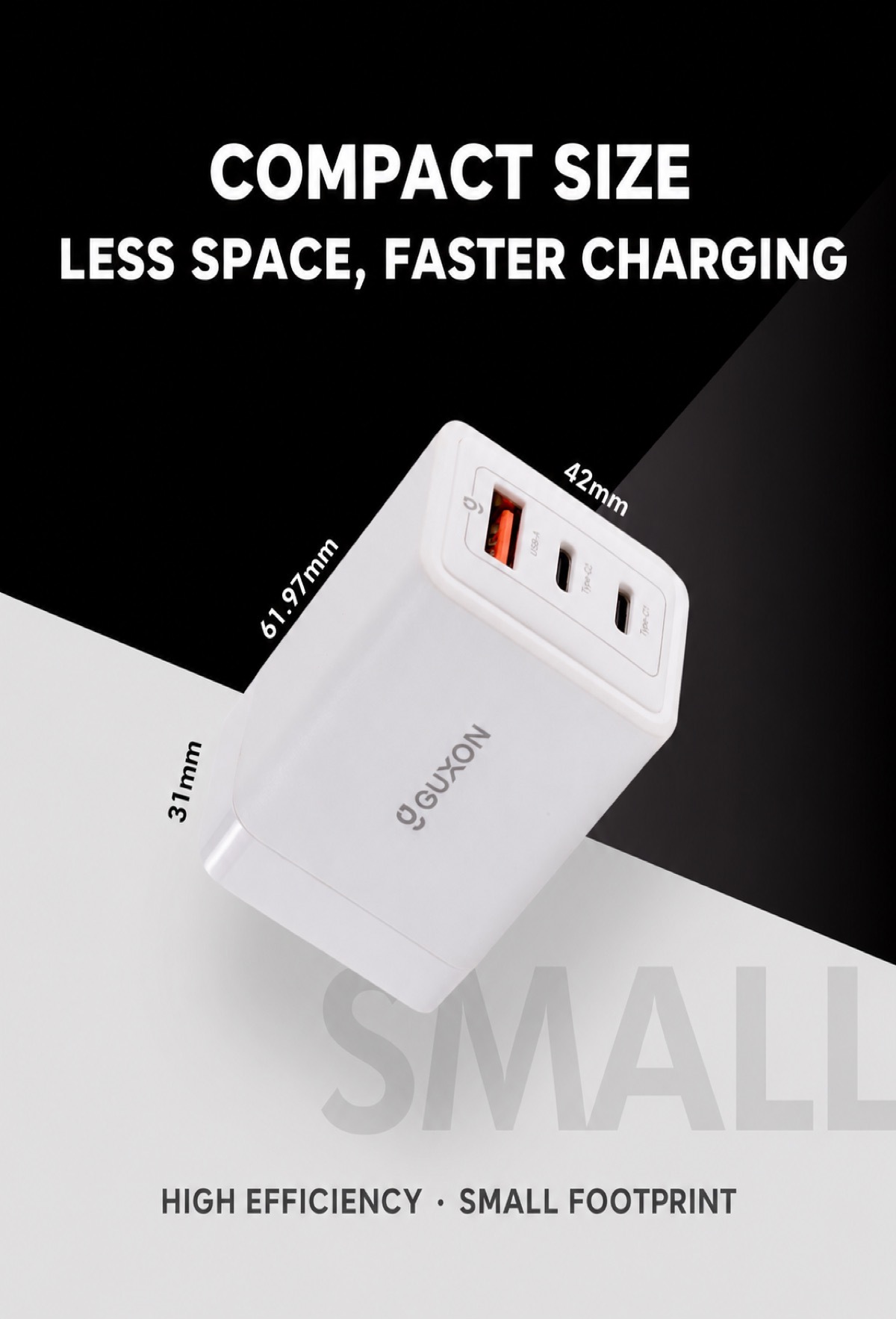 Compact size: 61.97mm x 42mm x 31mm, high efficiency and small footprint