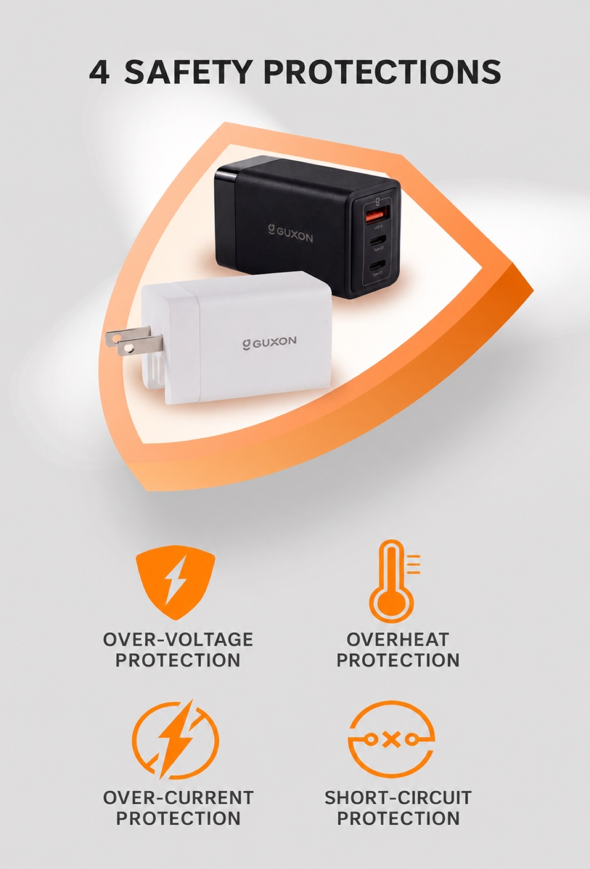 Four safety protections: over-voltage, overheat, over-current and short-circuit