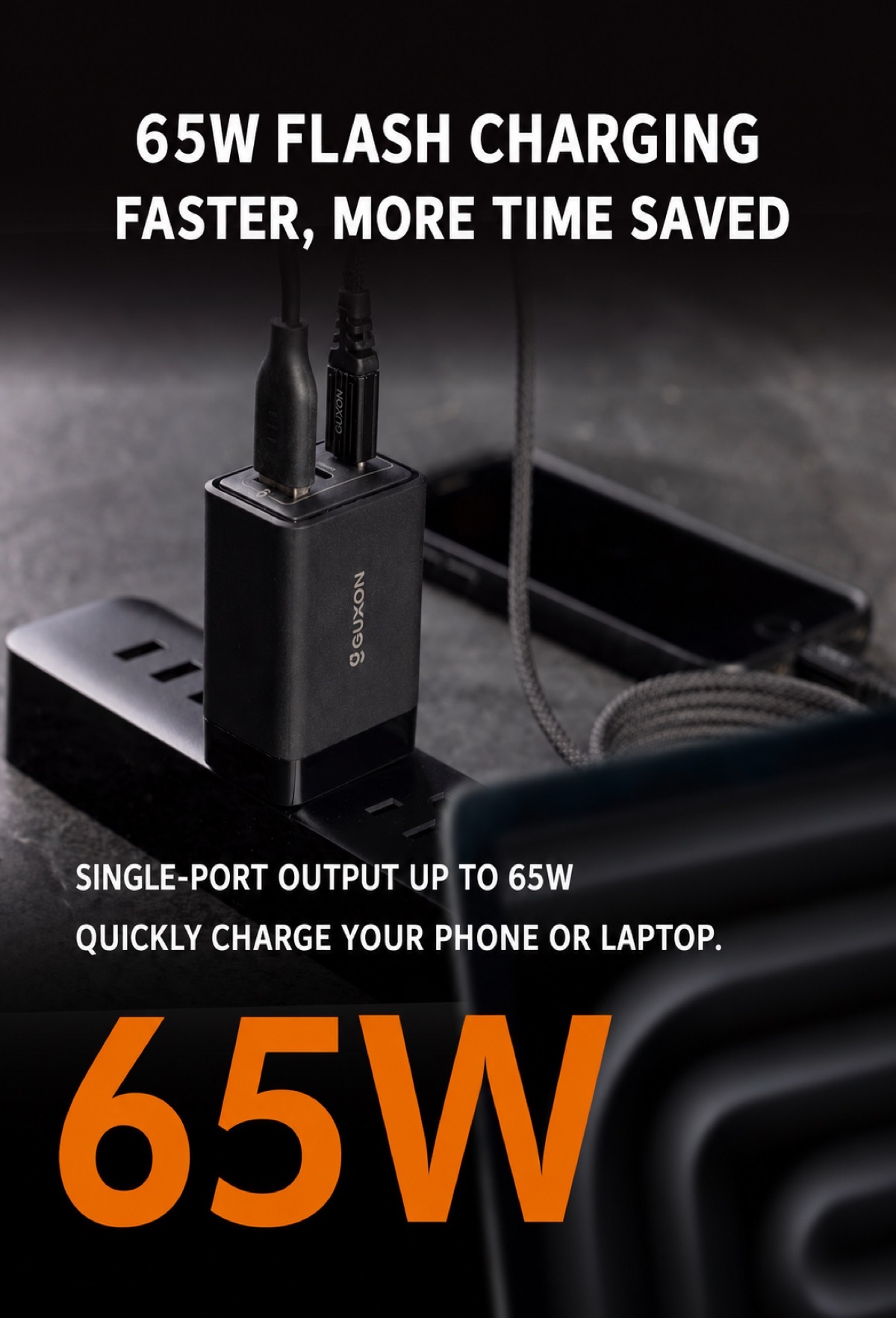 65W flash charging quickly charges a phone or laptop from a single port