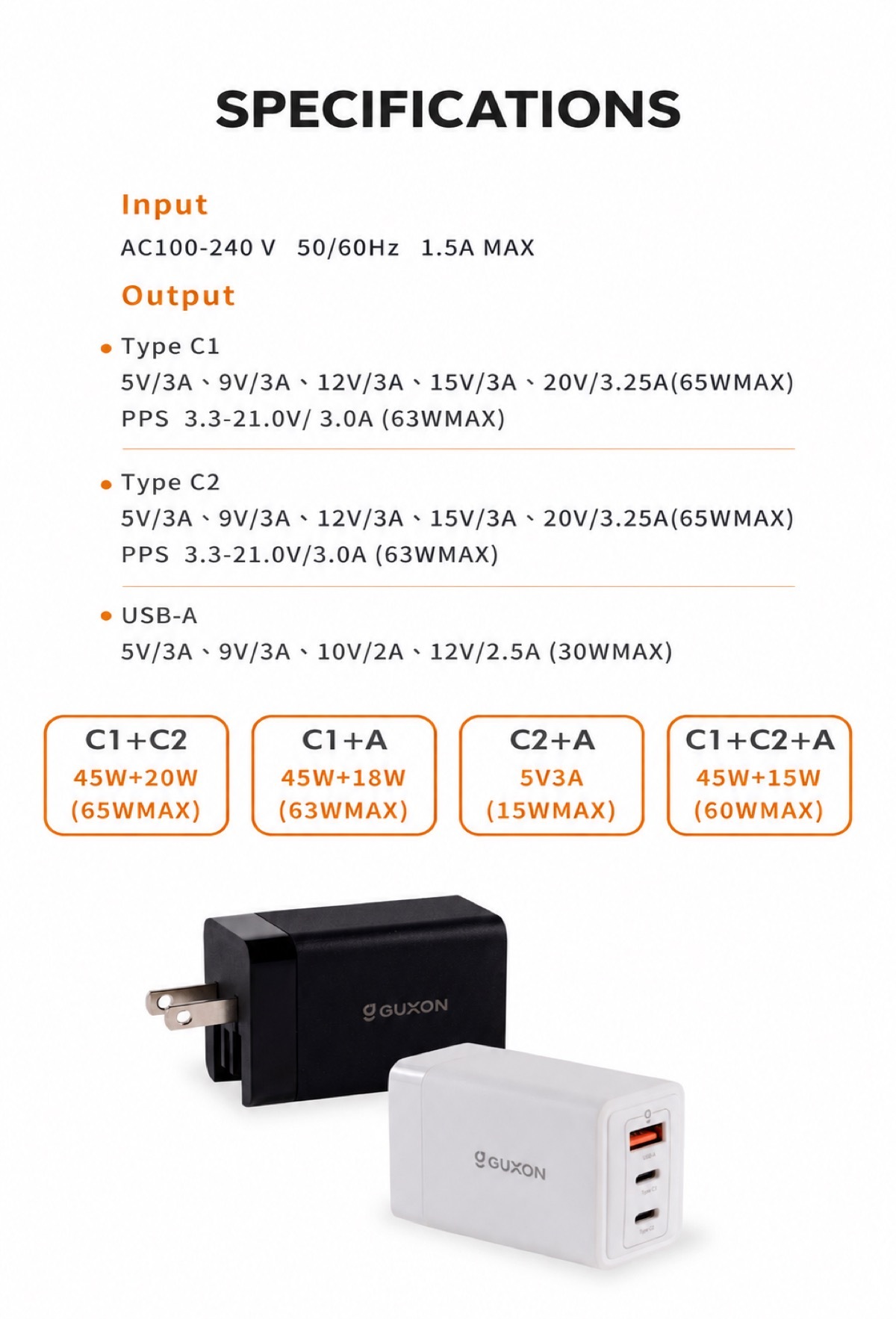 Specifications: AC100-240V input; Type-C1 and C2 up to 20V/3.25A (65W max) with PPS; USB-A up to 30W; combined outputs C1+C2 65W max, C1+A 63W max, C2+A 15W max, C1+C2+A 60W max