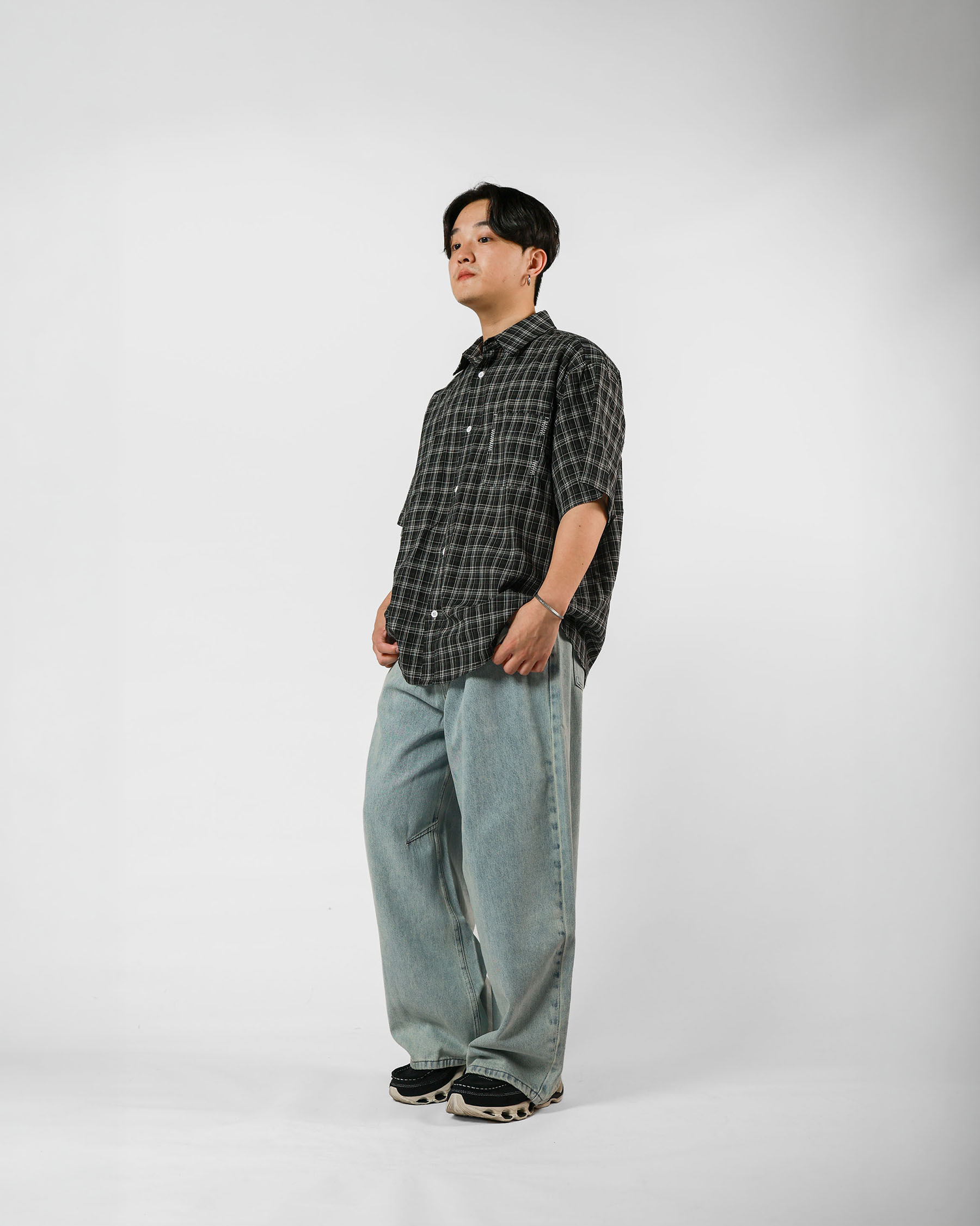 "拍攝品出清" 撞色縫線格紋短袖襯衫