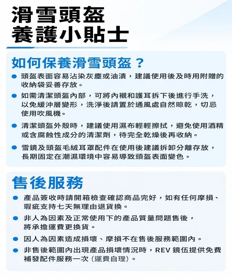 REV安全帽安全帽與售後服務說明圖,安全帽日常收納、內襯拆洗、外殼清潔與組件分離保存線索,並明確載明七天鑑賞期換貨、非人為損壞固保免費及補發配件等售後條款。