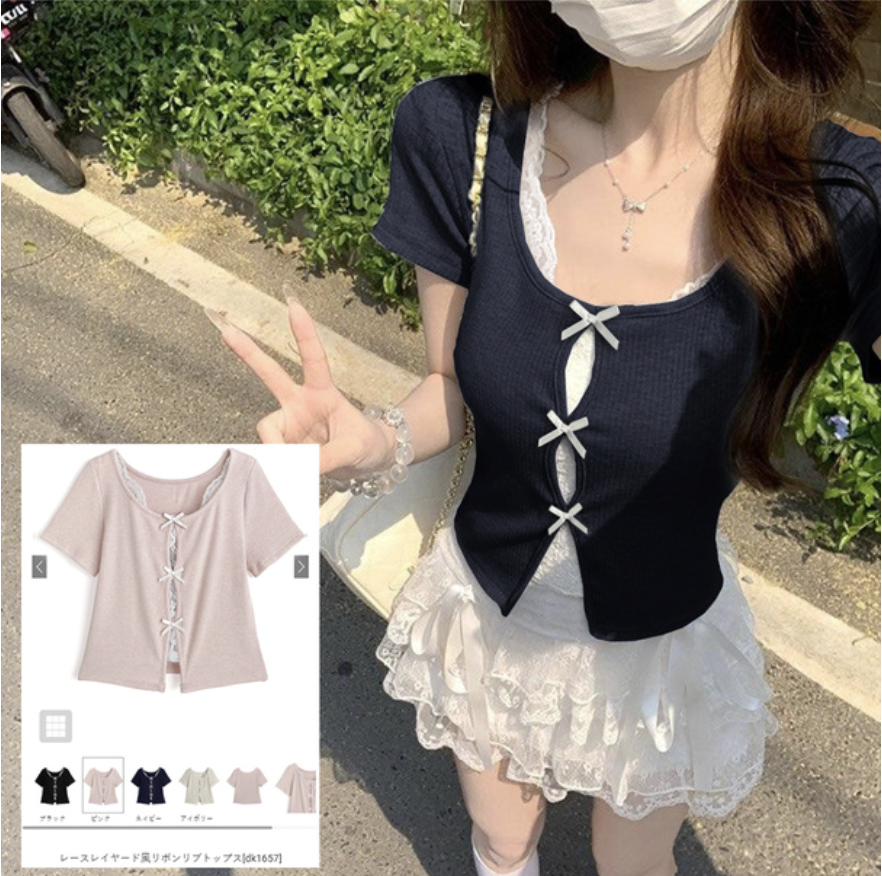 JP1318｜柔美感蕾絲內搭花邊3小蝴蝶結中空假兩件短袖上衣🌸˚˖⋆