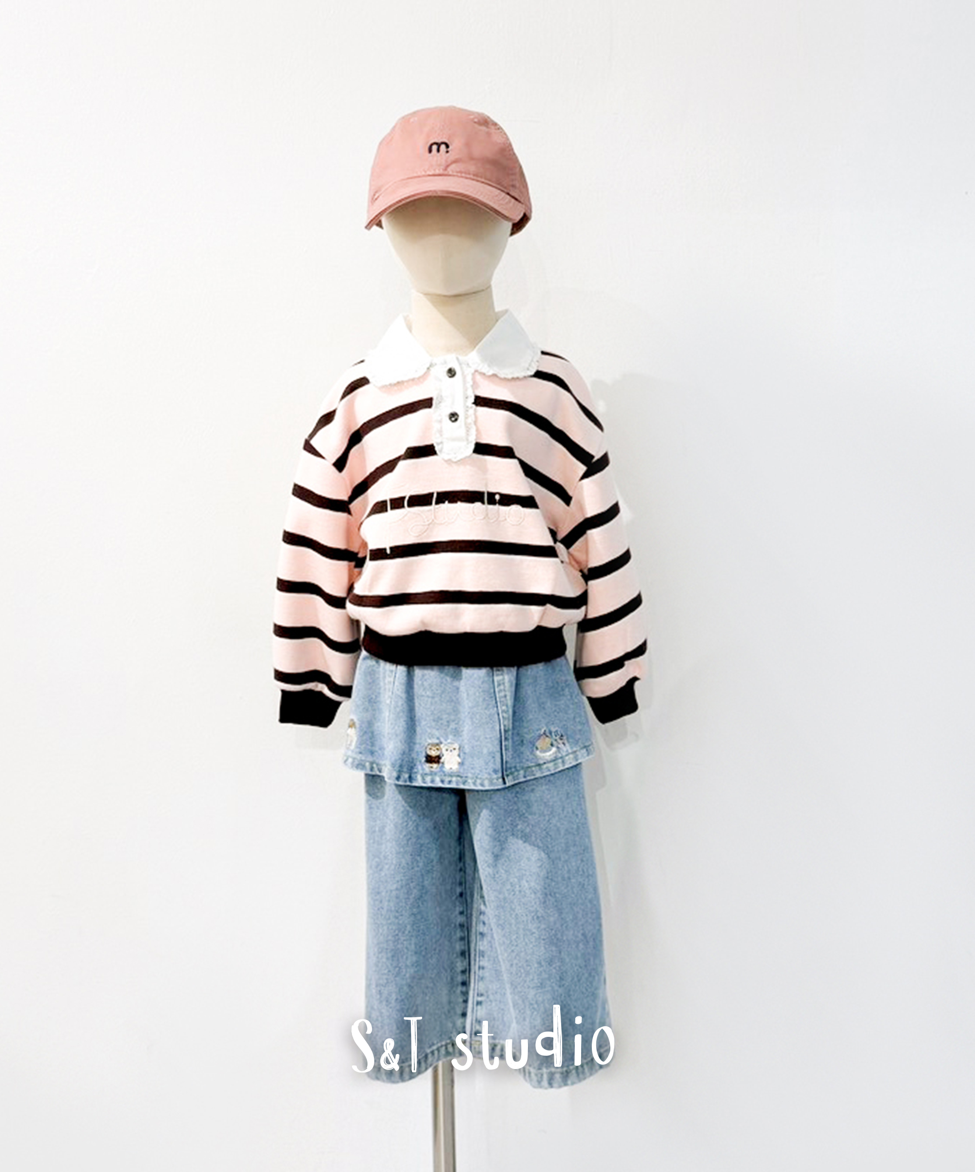 韓系刺繡裙襬拼接牛仔寬褲(90-130)