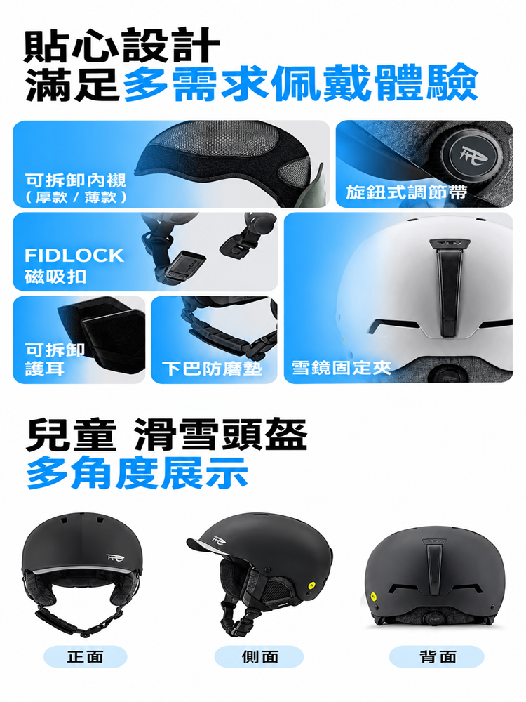 REV兒童頭盔貼心設計與多角度展示圖,上方展示可感內襯(厚/薄款)、旋鈕式調節帶、FIDLOCK磁吸扣、可感護耳、下巴防磨墊與雪鏡固定夾等六大角度展示;下方呈現兒童黑色頭盔之側面、頭部與背面多角度視覺展示。