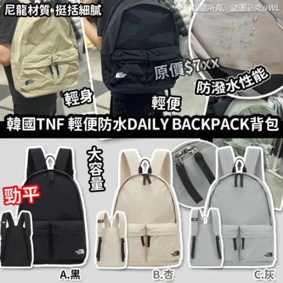 韓國 TNF 輕便防水 Daily Backpack 背包 灰綠現貨