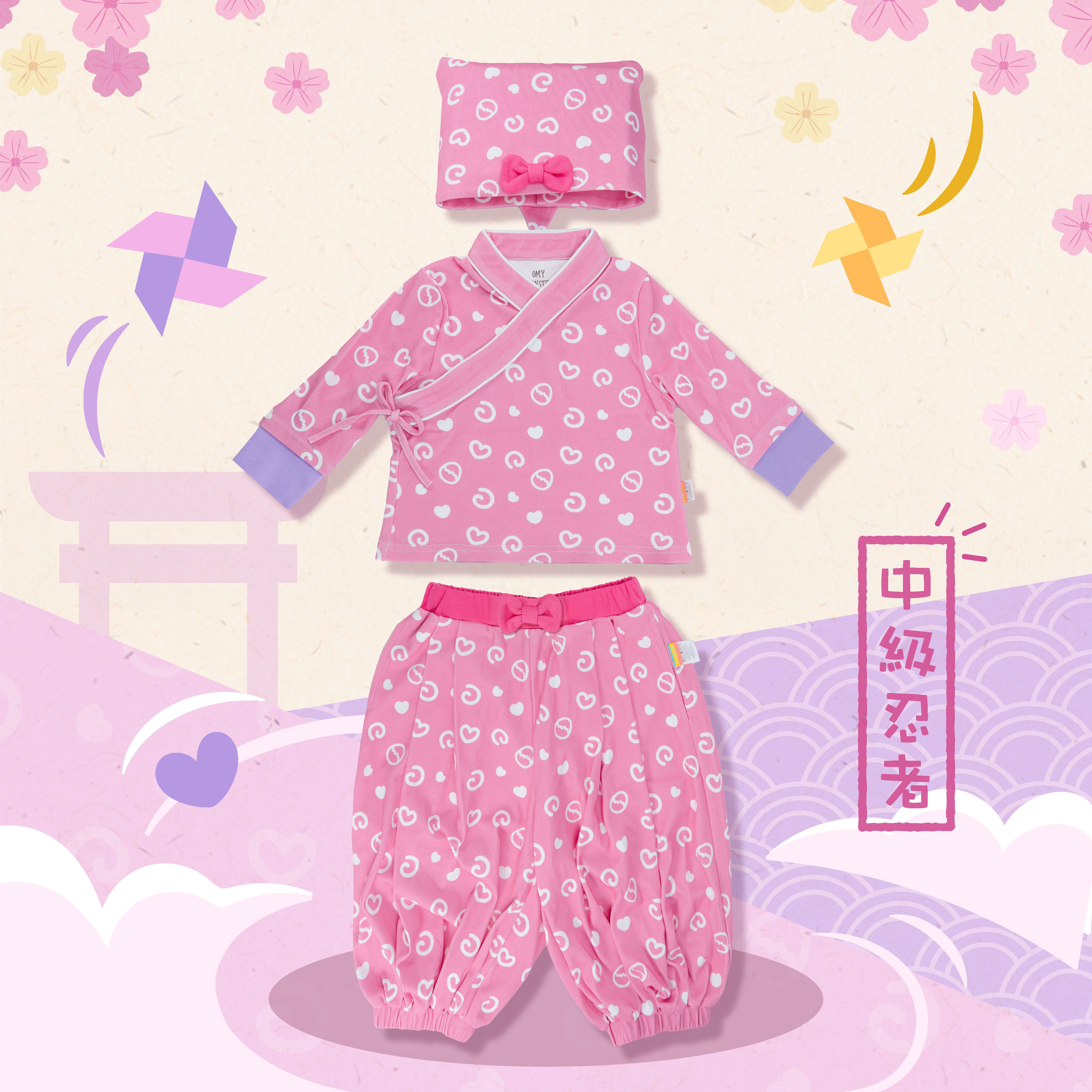 OMYMONSTER 桃氣粉 初級忍者BB修煉服三件套（頭巾+上衣+長褲）