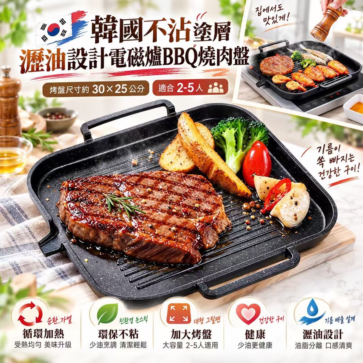 韓國不沾塗層瀝油設計電磁爐BBQ燒肉盤