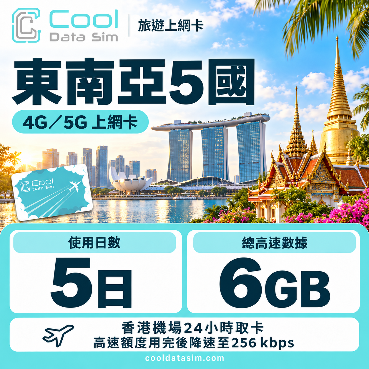 東南亞5國【5日6GB】高速數據 4G/5G Sim Card 上網卡
