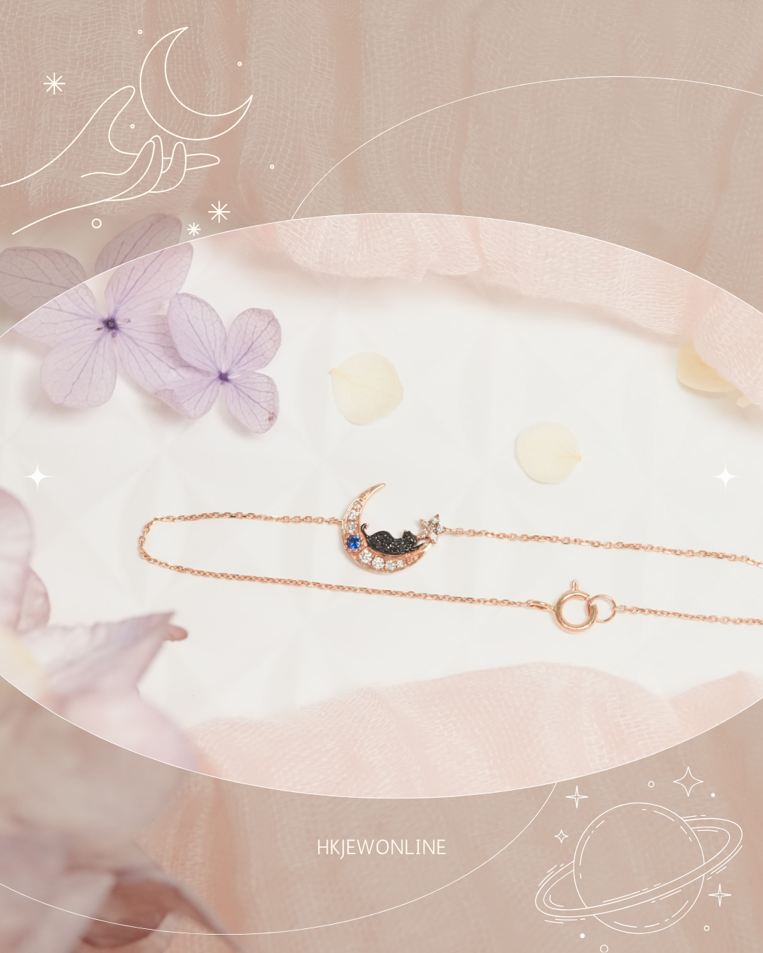18K Rose Gold Black Diamond Black Cat With Sapphire & Diamond Moon Bracelet