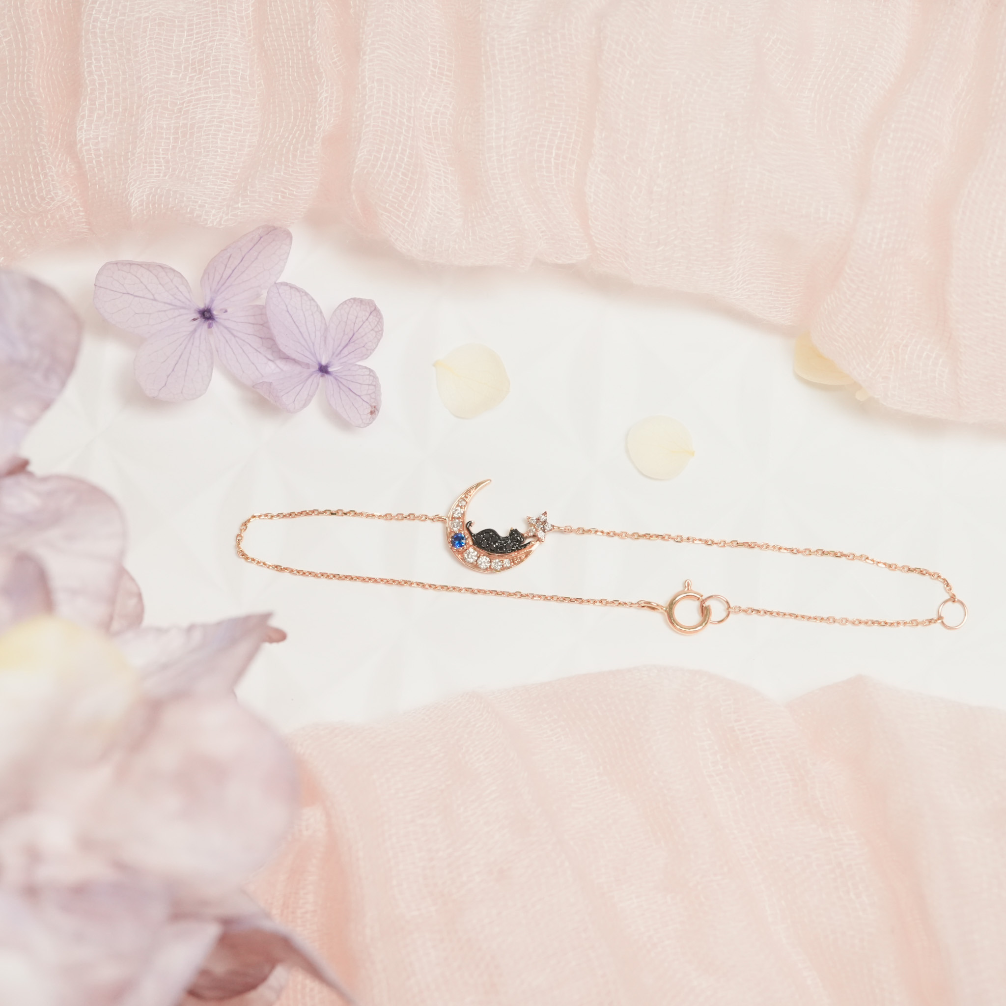 18K Rose Gold Black Diamond Black Cat With Sapphire & Diamond Moon Bracelet