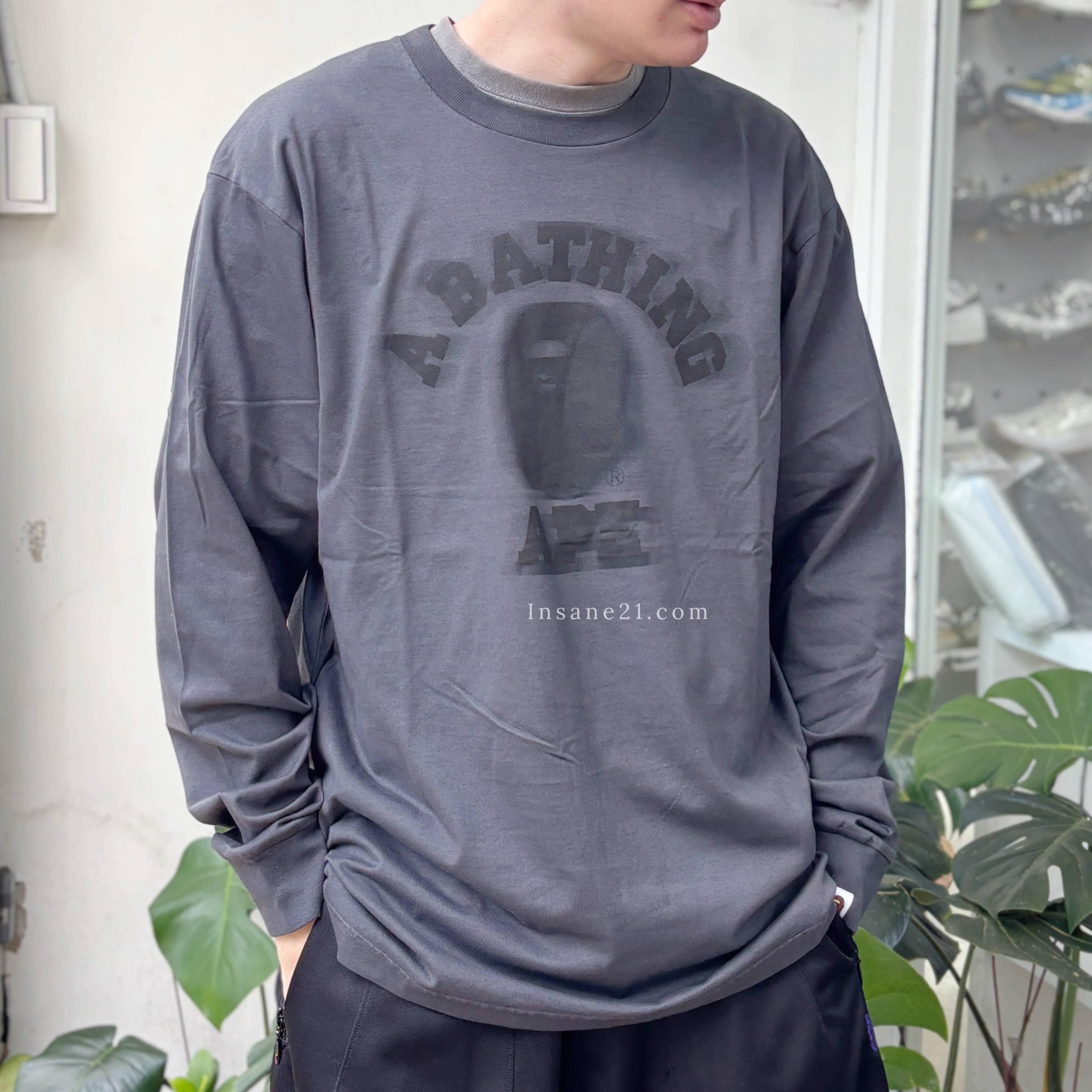 BAPE A BATHING APE 深灰 薄長袖 煙霧圖案 胸前LOGO 秋冬服飾