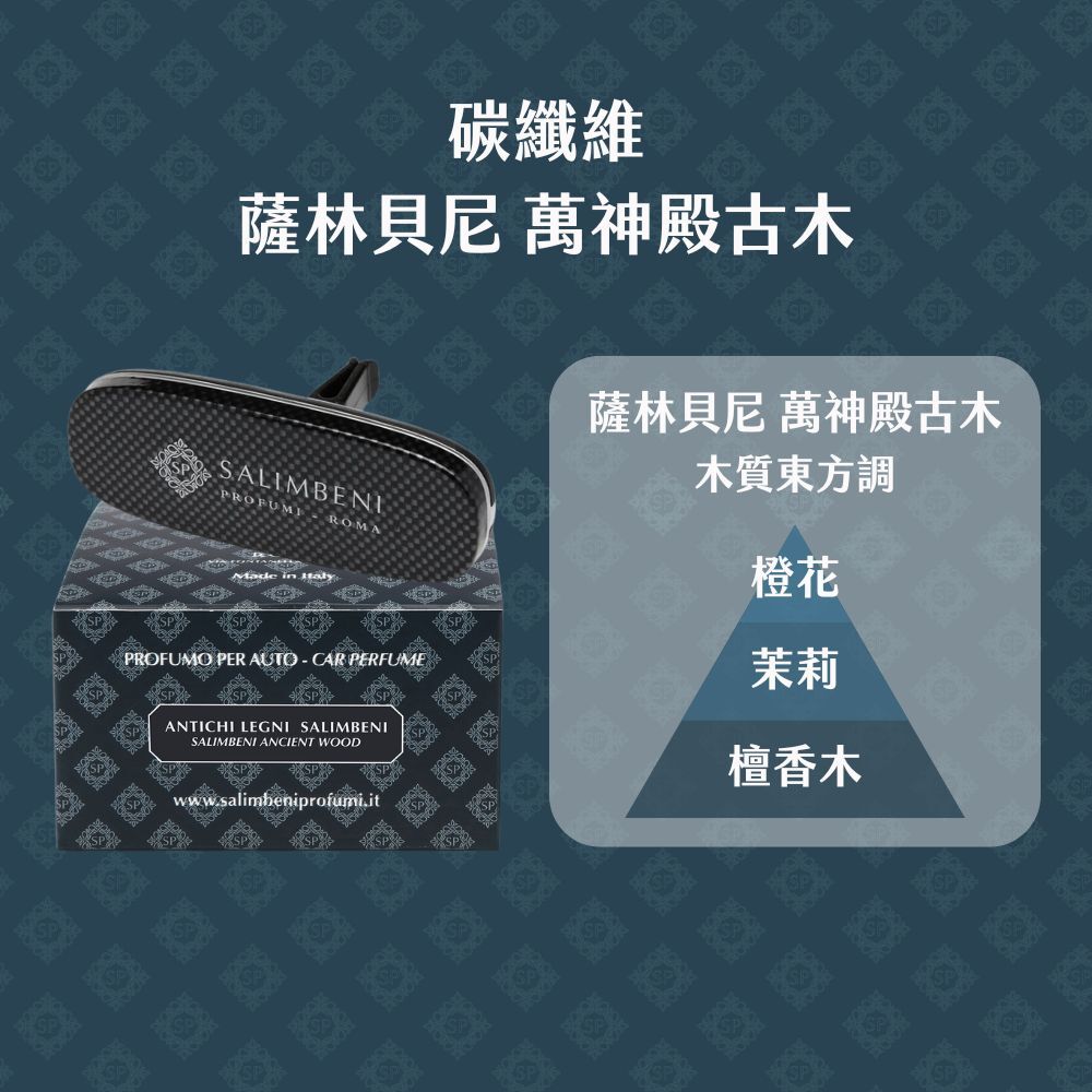 Salimbeni 薩林貝尼萬神殿古木碳纖維車用香氛夾與原廠包裝,木質東方調包含橙花、茉莉及檀香木