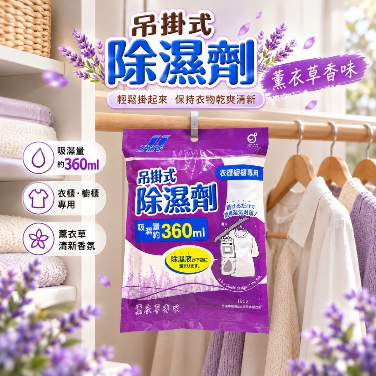 吊掛式除濕劑190g｜薰衣草香味 衣櫃除濕袋 櫥櫃防潮 吸濕袋 掛式除濕包 居家防潮【輕鬆購五金百貨】