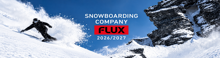 FLUX 2026/2027單板滑雪品牌標誌，滑雪者在雪山坡地高速滑行，背景為雪地與岩石山壁，中央承載SNOWBOARDING COMPANY、FLUX品牌標誌及2026/2027年度字樣。