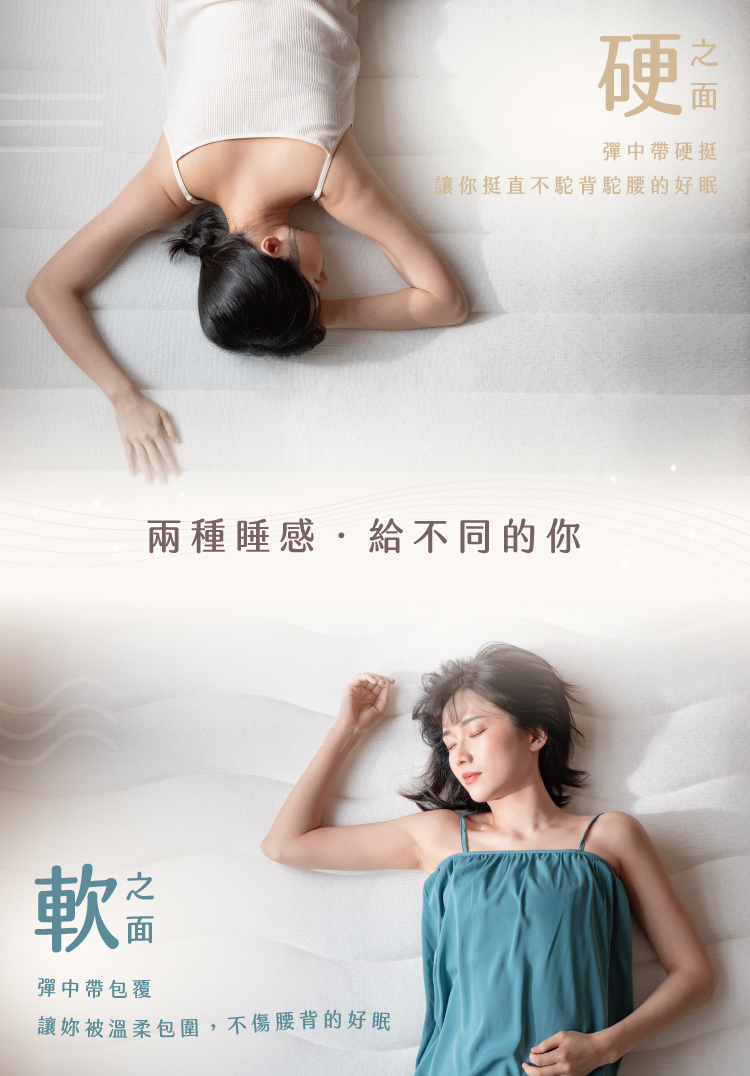 輕島樂眠床兩種睡感：硬之面彈中帶硬挺，讓你挺直不駝背；軟之面彈中帶包覆，讓你被溫柔包圍不傷腰背
