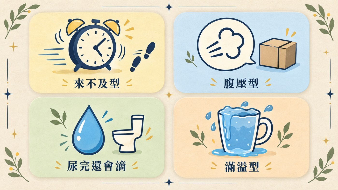 男性四種漏尿類型示意:來不及型、腹壓型、尿完還會滴、滿溢型