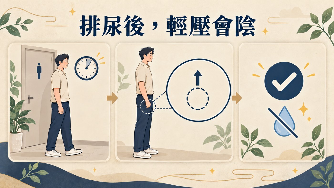 排尿後輕壓會陰的三步驟示意圖