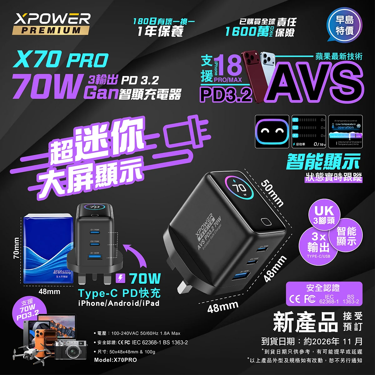 (早買限定優惠)XPower X70PRO 超迷你大屏顯示3輸出 PD3.2/PPS/UFCS 70W GaN智顯充電器